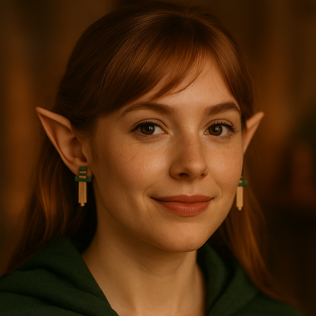 Person with elf-like features wearing a green cloak and brown vest against a warm-toned background