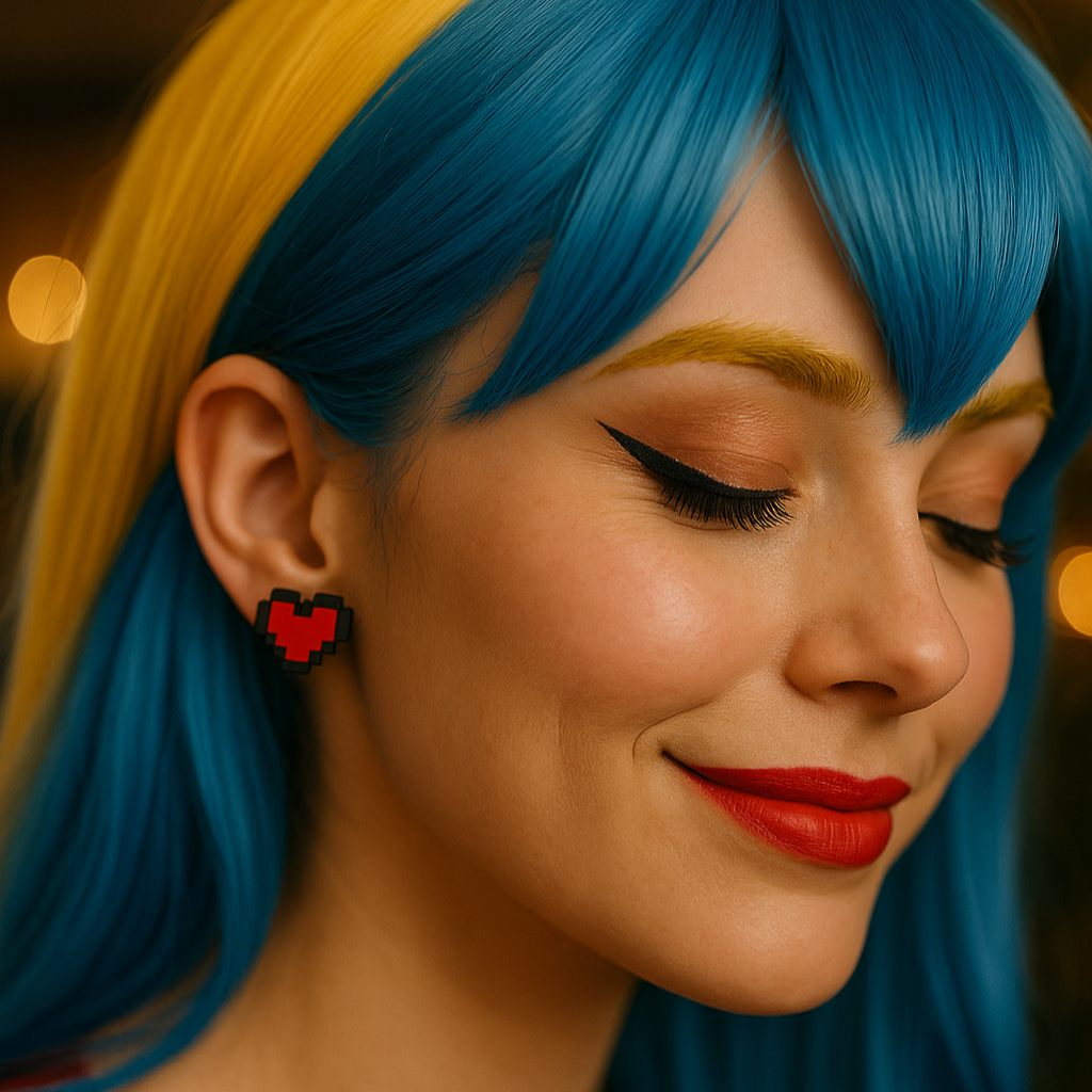 Person with blue hair holding a blue mug with a red heart design, wearing pixelated heart earrings.