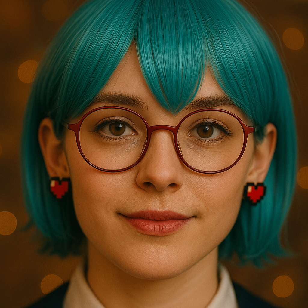 Person with teal hair and a red bow tie against a blurred background