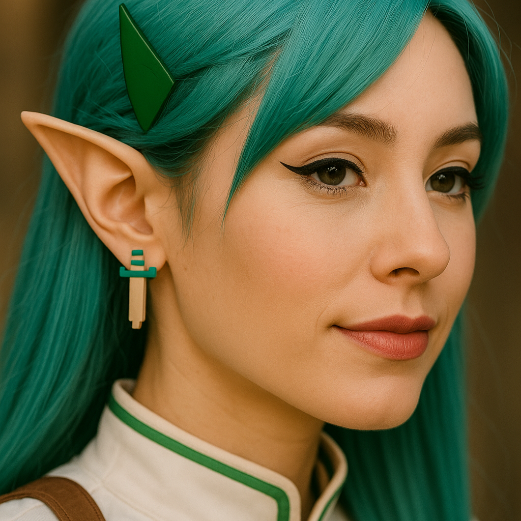 Person with green hair and elf-like ears wearing a costume with green accents.