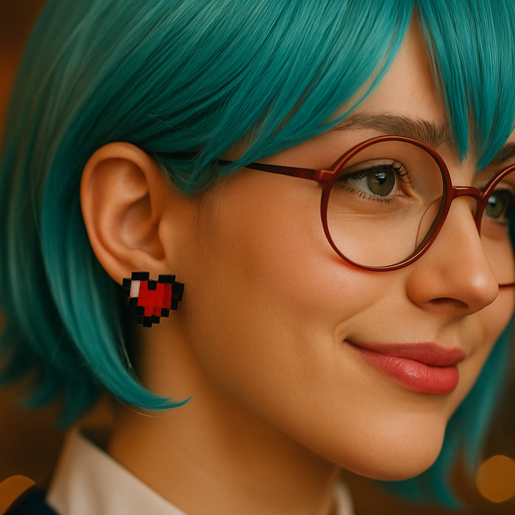 Cosplay girl with 8 bit pixelated heart earrings
