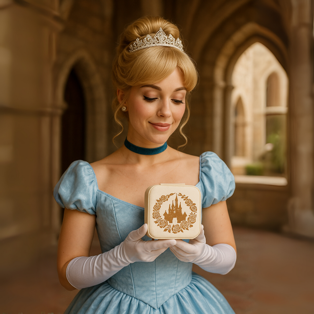 Woman in a blue dress holding a decorative box with a castle design in an architectural setting.
