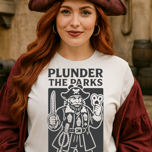 Person wearing a pirate-themed t-shirt with text and graphics, standing in a rustic setting.