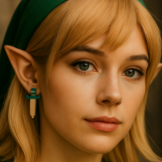 Person with elf-like features wearing a green headband and earrings against a neutral background