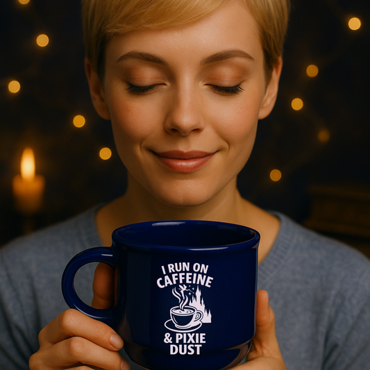 Woman holding a blue mug with text against a warm, blurred background