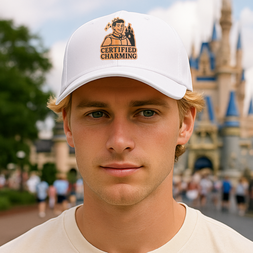 Man wearing a 'Certified Charming' cap with a castle in the background