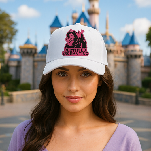 Woman wearing a white cap with a pink and black design in front of a castle.