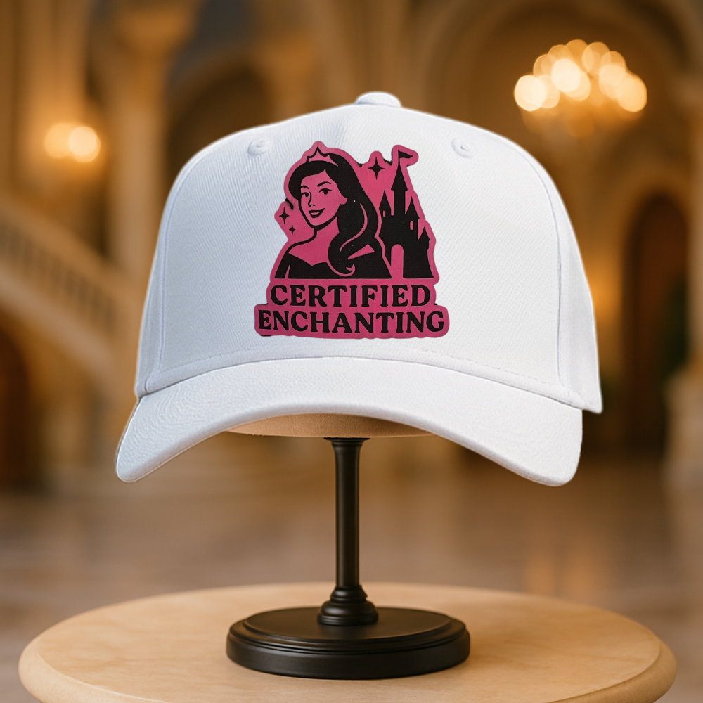 White cap with 'Certified Enchanting' design on a stand with a blurred background