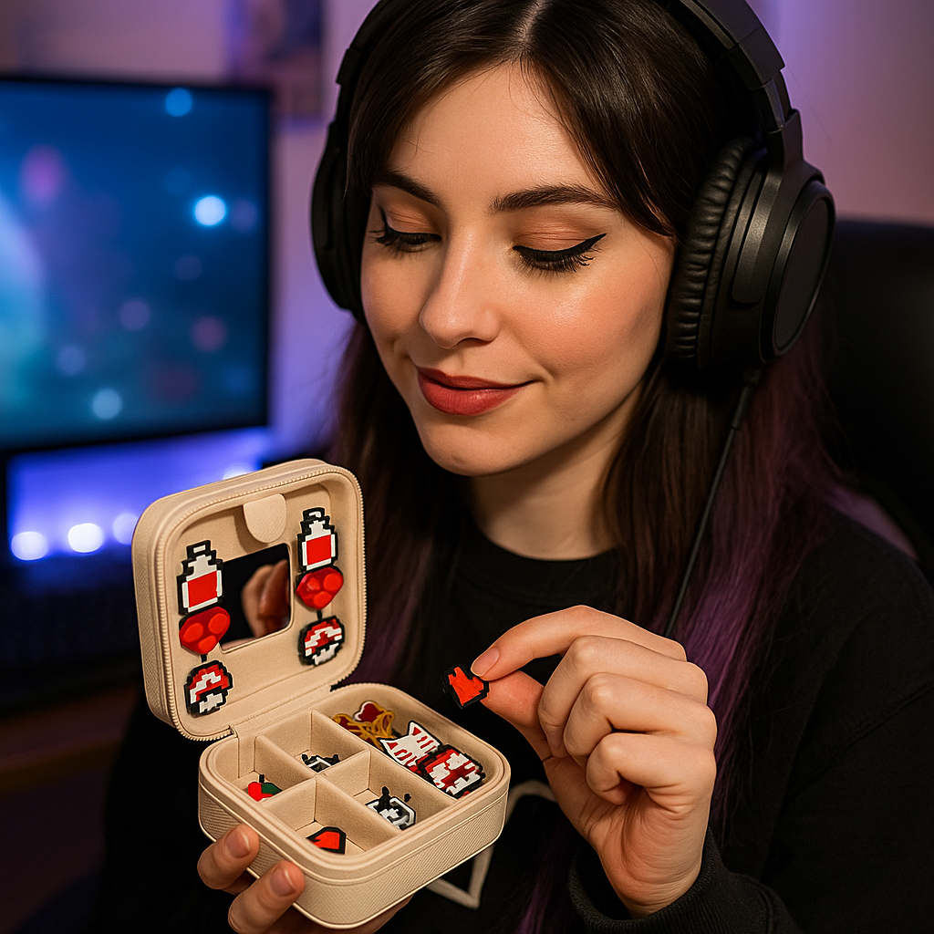 Woman wearing headphones holding a small box with pixelated earrings.