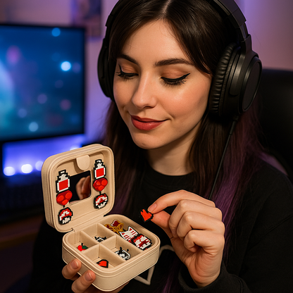 Woman wearing headphones holding a small box with pixelated earrings.