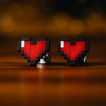 Pixelated heart-shaped earrings on a dark background