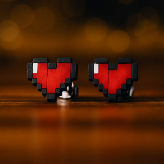 Pixelated heart-shaped earrings on a dark background