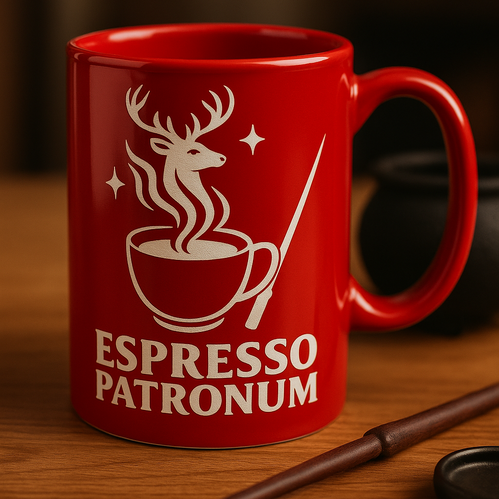 Red mug with a white deer and coffee cup design, labeled 'Espresso Patronum', on a wooden surface.
