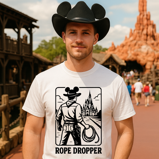 Man wearing a white t-shirt with a graphic design and text, standing in front of a themed attraction.