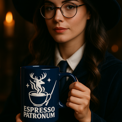Woman holding a blue mug with 'Espresso Patronum' text and a deer design, wearing glasses and a dark outfit.