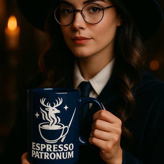 Woman holding a blue mug with 'Espresso Patronum' text and a deer design, wearing glasses and a dark outfit.