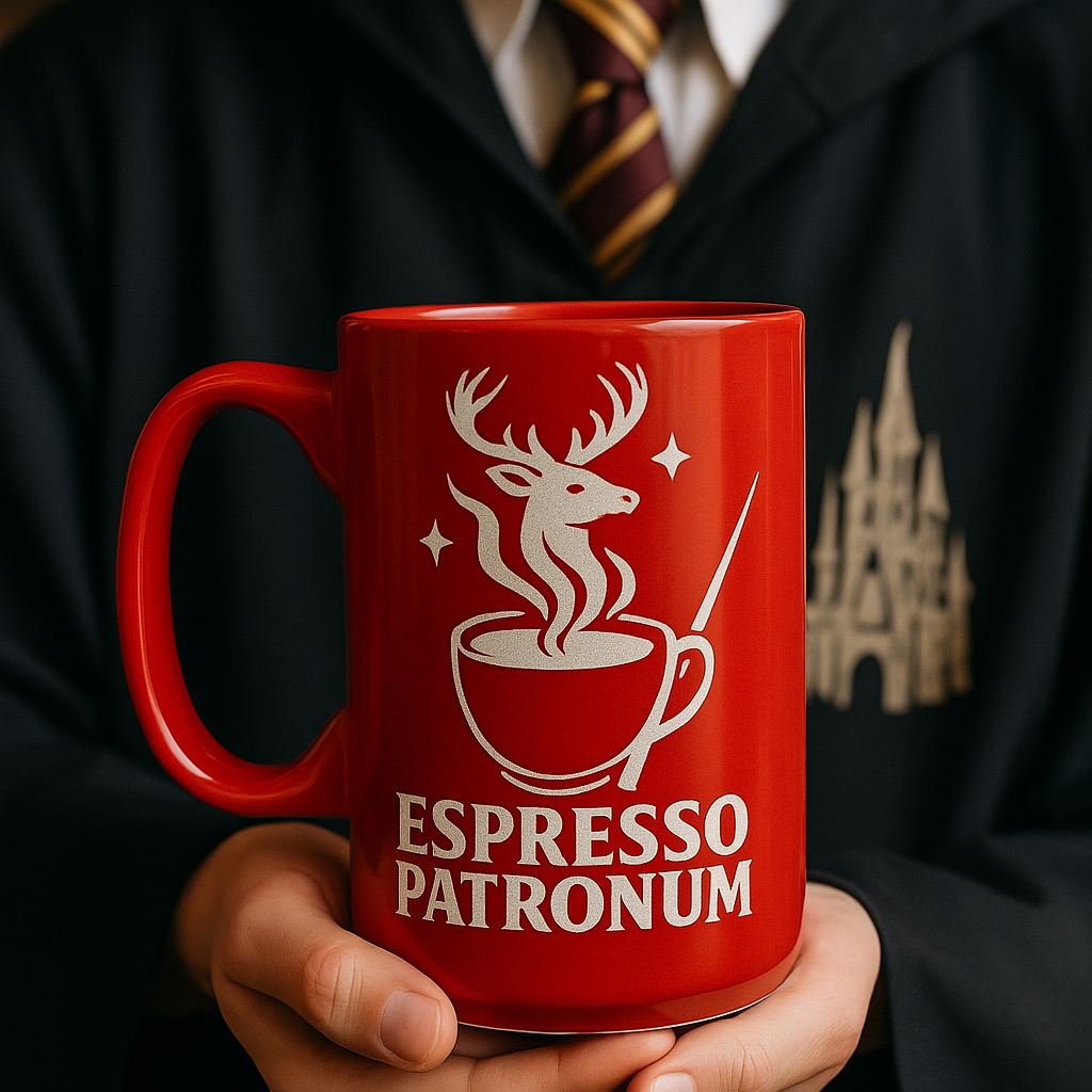 Red mug with 'Espresso Patronum' design held by a person in a dark robe.